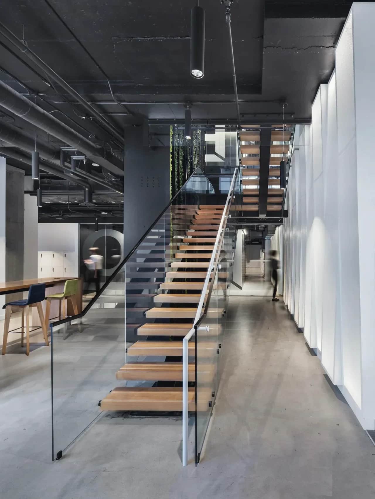 Living-wall stair, Toronto: Floating stair with wood treads and a full-height glass guardrail in an open office