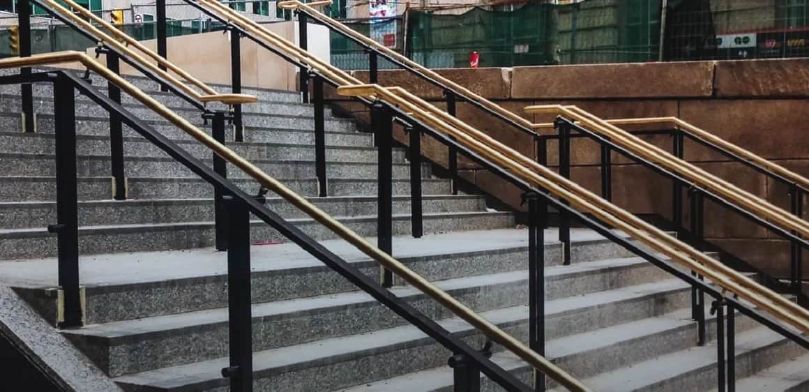 Union Station, Toronto: Exterior stair runs with black posts and bronze top rails