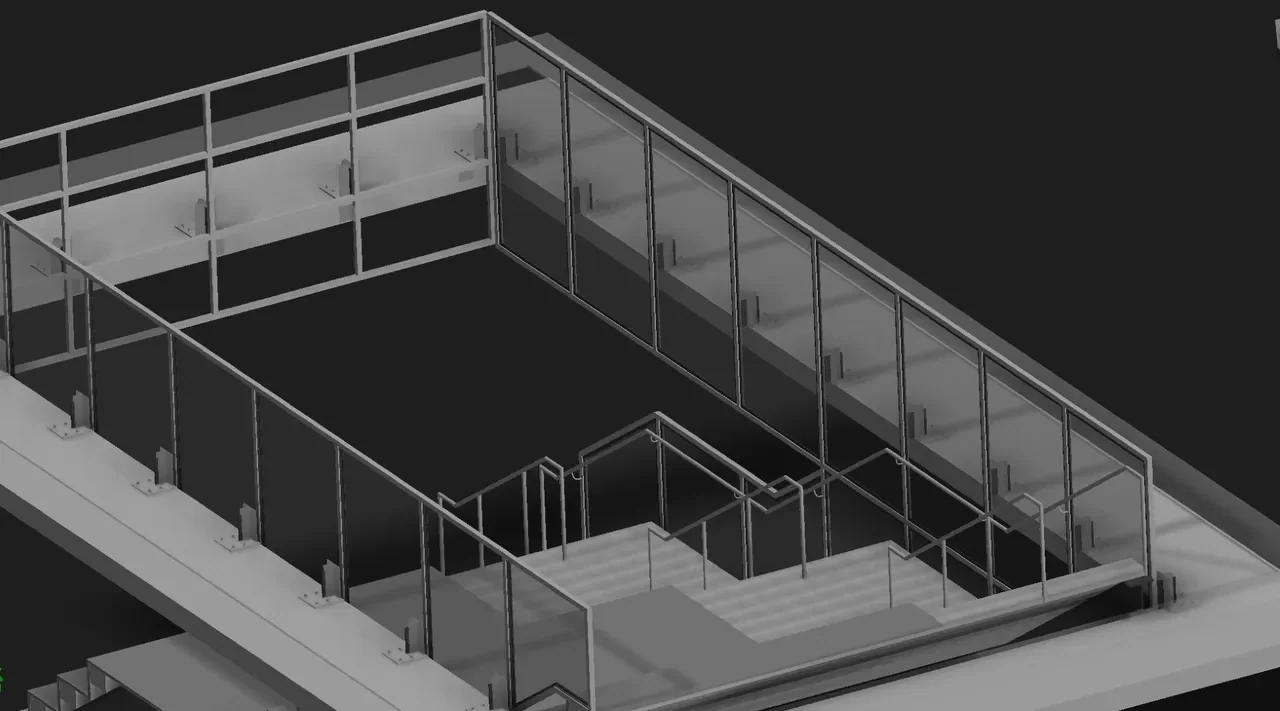 3D CAD model seen from above: a stair opening enclosed by glass guard panels on posts, with the stair running down inside