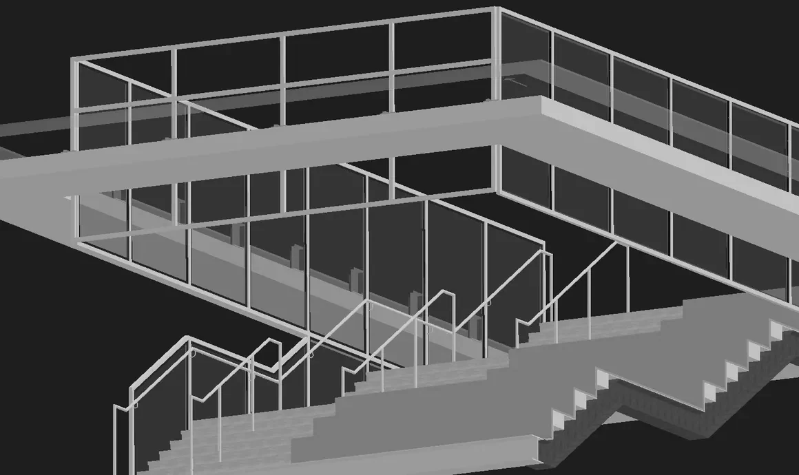 Grey shaded 3D CAD model of a two-flight stair with glass guard panels and handrails